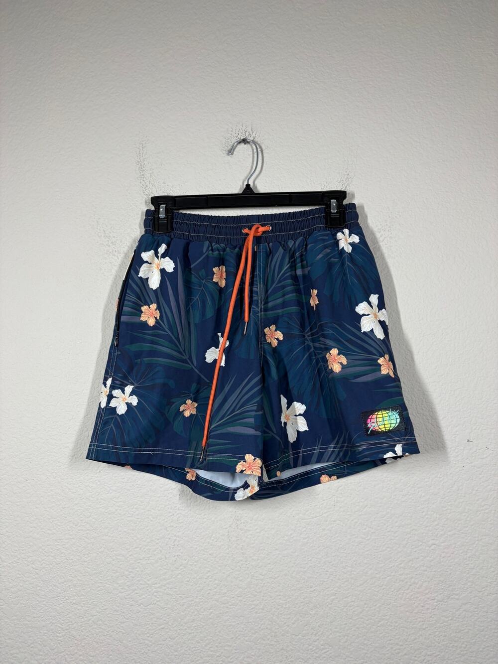 Slunks Mens Small High Biscuits Shorts Dark Blue Floral Print Orange Drawstring
